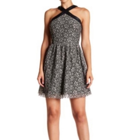 Moon River Lace Halter Neck Faux Leather Trimmed Fit & Flare Mini Dress - Picture 1 of 12